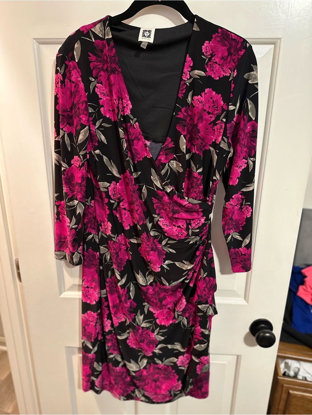 Anne Klein Black Wrap-Style Dress with Fuchsia Floral Print